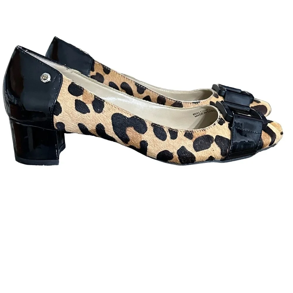 Ellen Tracy Strata Leopard Print Cow Hair Buckle Pumps‎ Black Brown Size 6.5M